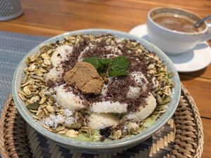 Banana nut smoothie bowl  at The Happy Cat - Veggie Cafe-Restaurant in Luang Prabang