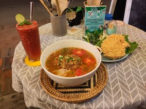 Khao soi, watermelon shake at The Happy Cat - Veggie Cafe-Restaurant in Luang Prabang