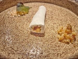 This was crazy. Root vegetable (parsnip I think) injected with Camembert culture   at TIAN Restaurant in Vienna