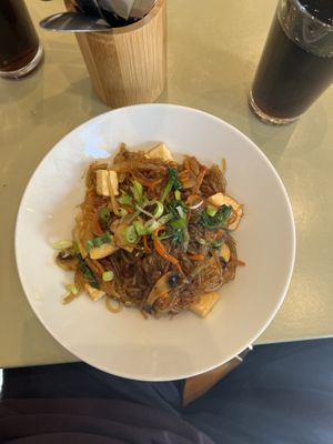 Vegan Japchae noodles with tofu  at Seoul Food in Halifax