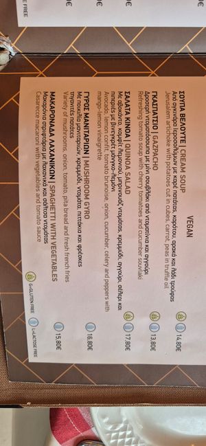 Vegan menu at Panorama in Lefkada