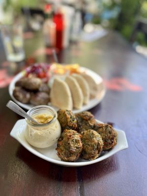 Zucchini fritters with Rice  at Elia Greek Kitchen Bassac Lane in Phnom Penh
