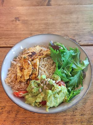 Tofu and guacamole with brown rice at Avocafé by Nutri2Go in Nottingham