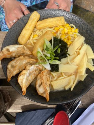 Veggie gyoza ramen at Déjà Brew in Egremont