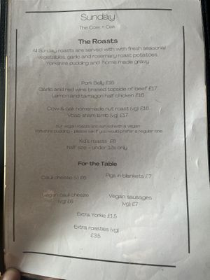 Sunday Roast menu   at Cow & Oak in Worthing