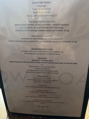 Main menu  at Cow & Oak in Worthing