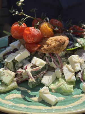 Greek salad with added vegan breaded chicken  at Cow & Oak in Worthing