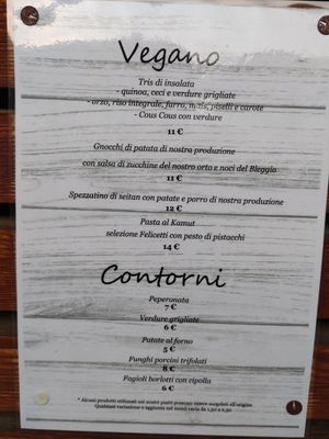 Vegani menu at Bicigrill in San Michele Alladige