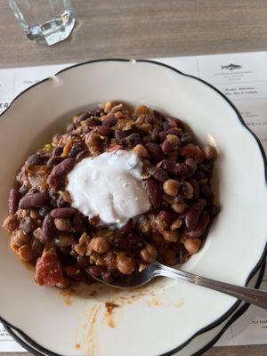 Vegan chili over yellow rice  at Phoenicia Diner in Phoenicia