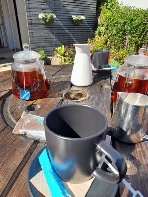 Pots of tea with barista almond milk and vegan protein bar at Katie's Cocktail Cafe in Allora