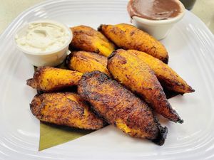 Platanos w/ vegan cream cheese and beans  at La Sabrosa Sweets in Los Angeles