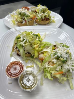 Vegan sopes 
Options with Soy Chorizo, vegan sour cream and vegan cheese, avocado, tomato, lettuce.
Only Veggies (mushrooms, spinach, carrots, zucchini) vegan cheese, sour cream at La Sabrosa Sweets in Los Angeles