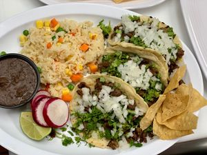 Taco Combo:   Soy chorizo, cilantro, onion, rice, beans.  at La Sabrosa Sweets in Los Angeles