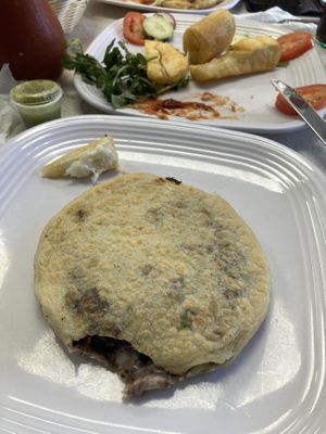 Vegan-bean-cheese-avocado Pupusa & fried yuca   at La Sabrosa Sweets in Los Angeles