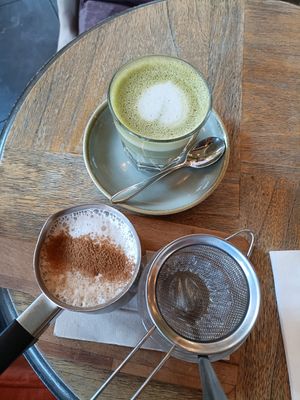 Matcha and chia lattes at Feather & Heart in Brentford