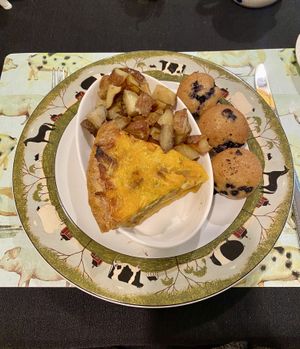 Vegan homemade quiche, potatoes, and mini muffins   at The White Pig Bed and Breakfast in Schuyler