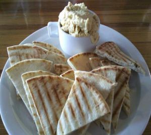 pita bread and plain hummus (red pepper hummus also available) at Brew in Traverse City