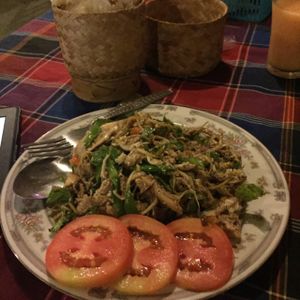 yummy dish (forgot the name but I asked the waiter for a engine Laotian dish and this is what he recommended) and it included a huge portion of sticky rice. I eat a lot normally and was really a stuffed after this.  at Veggie Tables in Vang Vieng
