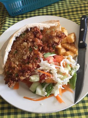 Mixed veg kebab with chips and salad at Veggie Tables in Vang Vieng