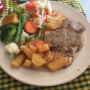 Tofu steak with pepper sauce at Veggie Tables in Vang Vieng
