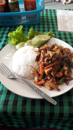 Phad ka phao with eggplant at Veggie Tables in Vang Vieng