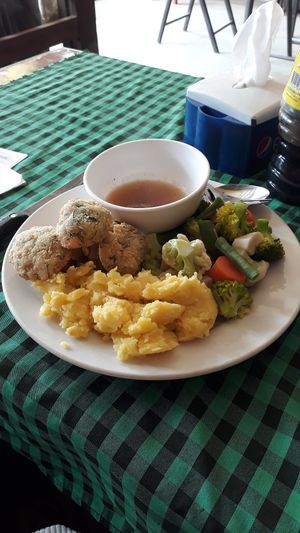 Soya balls with mashed potatoes and vegetables at Veggie Tables in Vang Vieng