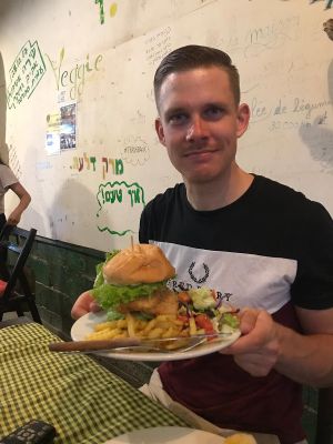 Tofu burger at Veggie Tables in Vang Vieng