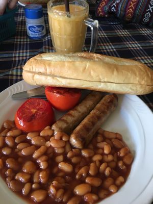 Sausages and Beans meal with mixed fruit shake at Veggie Tables in Vang Vieng