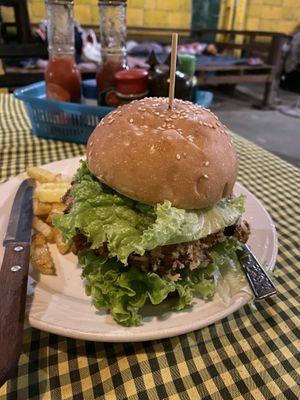 Veggie burger at Veggie Tables in Vang Vieng