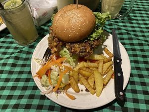 Mushroom burger with fries at Veggie Tables in Vang Vieng