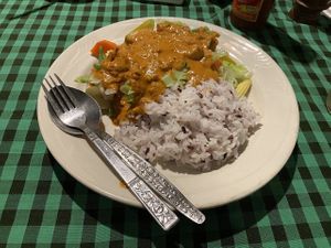 Rice with veggies and satay sauce at Veggie Tables in Vang Vieng