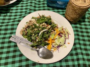 Spicy larb with greens and salad at Veggie Tables in Vang Vieng