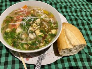 Noodle soup with baguette at Veggie Tables in Vang Vieng