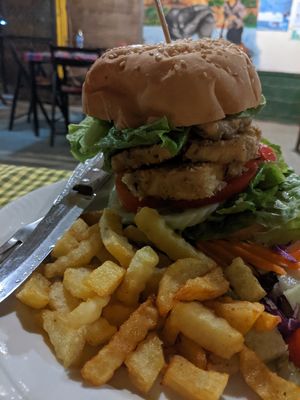 Tofu burger at Veggie Tables in Vang Vieng