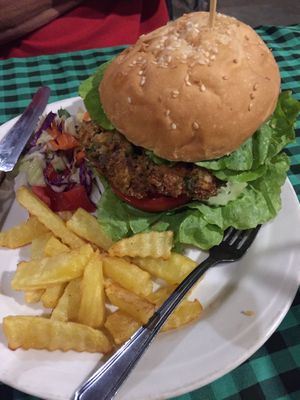 Mushroom burger at Veggie Tables in Vang Vieng