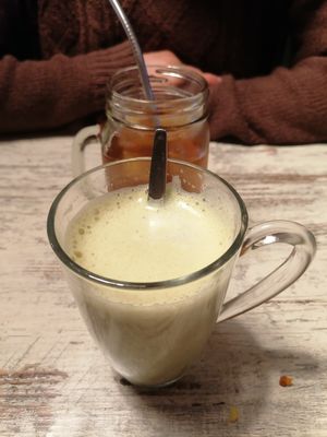 Matcha latte with soy milk and a home-made iced tea at Konbu in Groningen