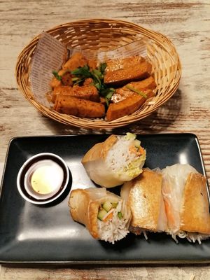 Vegan appetizers: marinated tofu and springrolls at Konbu in Groningen
