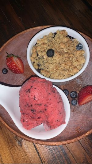 Maine lemon blueberry cobbler with sorbet  at Bandaloop in Arundel