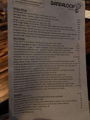 Vegan wine marked with * at Bandaloop in Arundel