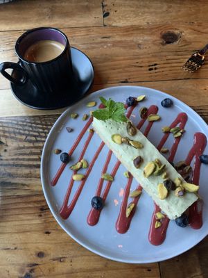 Vanilla-orange cake with a pistachio cream  at Bandaloop in Arundel