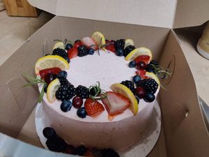 Two layer saffron cardamom v/gf cake with a berry compote filling and a strawberry buttercream.

Incredibly light and fluffy - was a DREAM to eat and share. at Van Pelt Family Bakery in Alachua