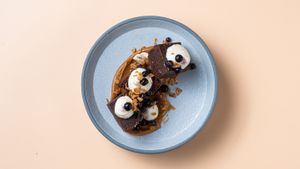 Brownie, skyr ganache, oat crumble and caramel at Fröken Selfoss in Selfoss