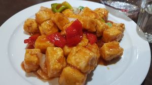 Fried tofu in sweet and sour sauce at China Red in Sheffield