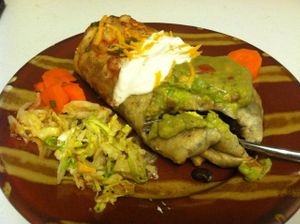 Take-out roasted vegetable chimichanga with vegan fixns at El Azteca Mexican Taco Shop in Provo