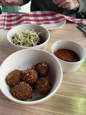 Polpettones (eggplant balls) and lion’s mane with fennel  at Everyday Pizza in Denver