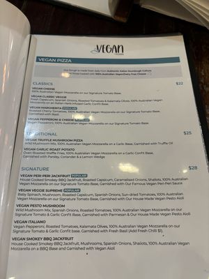 Vegan menu  at Coolangatta Pizzeria in Coolangatta