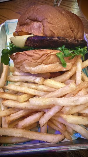PORTOBELLO MUSHROOM
BURGER 🍔 
Grilled portobello mushroom, balsamic glaze, arugula, muenster, crispy onion, garlic aioli  at Golden Road Brewing - West Glendale in Los Angeles