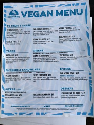Vegan menu  at Golden Road Brewing - West Glendale in Los Angeles
