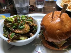 Portobello burger with Brussels sprouts  at Golden Road Brewing - West Glendale in Los Angeles