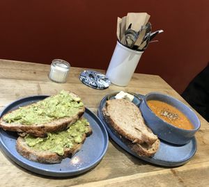 Avocado on sourdough toast and soup with sourdough bread   at Grow Green Deli + Eatery in Huddersfield